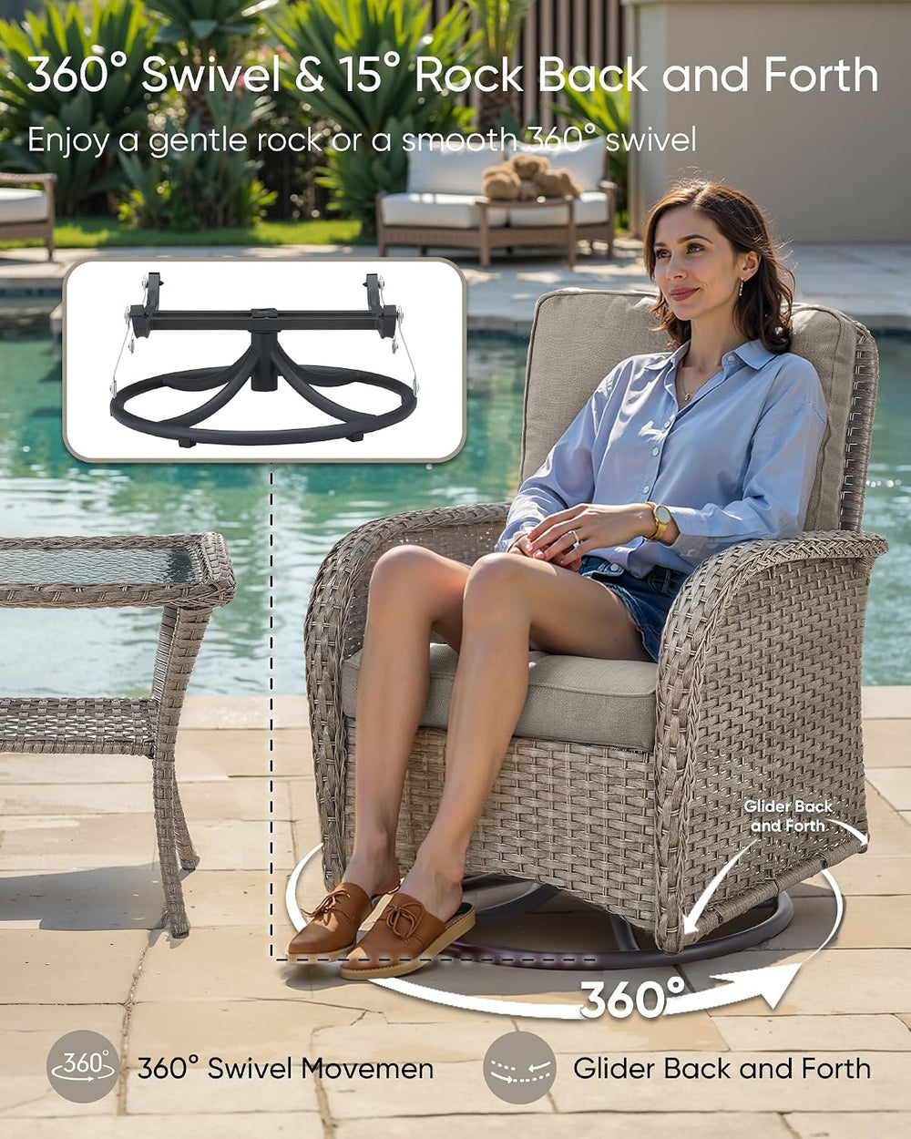 HUMMUH 6 Piece Wicker Patio Set, Swivel Rockers & Glider, Grey/Grey