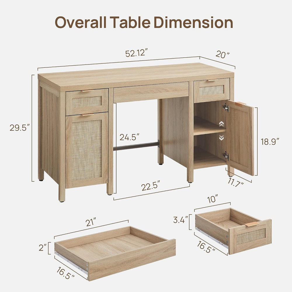 SICOTAS Rattan Home Office Desk with Storage, 52" Boho Executive Desk
