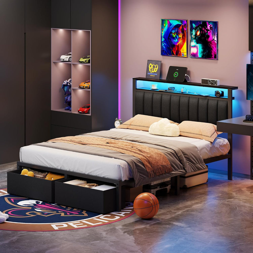 Furnulem Queen Bed Frame with Storage Drawers and Upholstered Headboard
