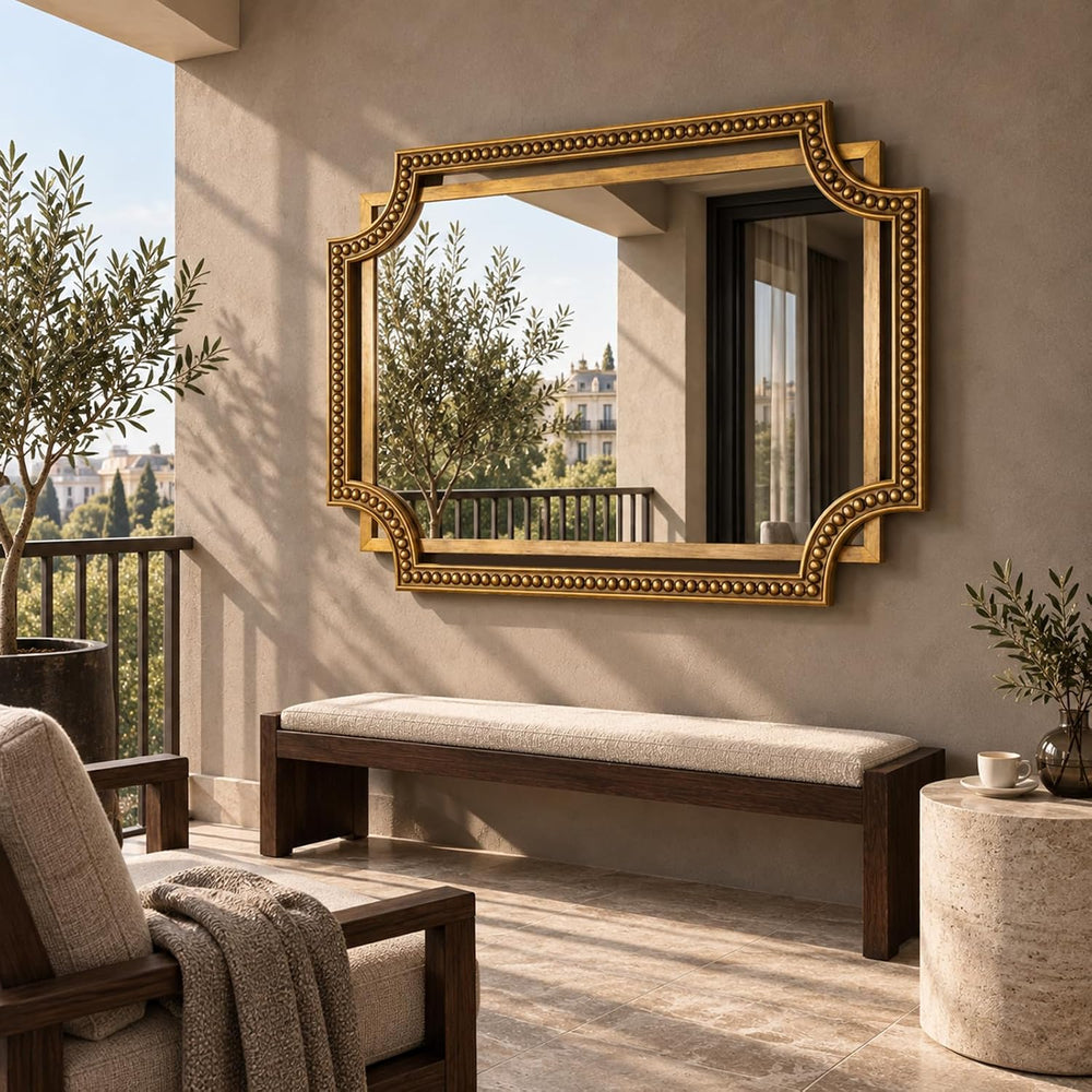 Gold Rectangle Wall Mirror, 40x30 Inch Scalloped Beaded Frame for Bathroom