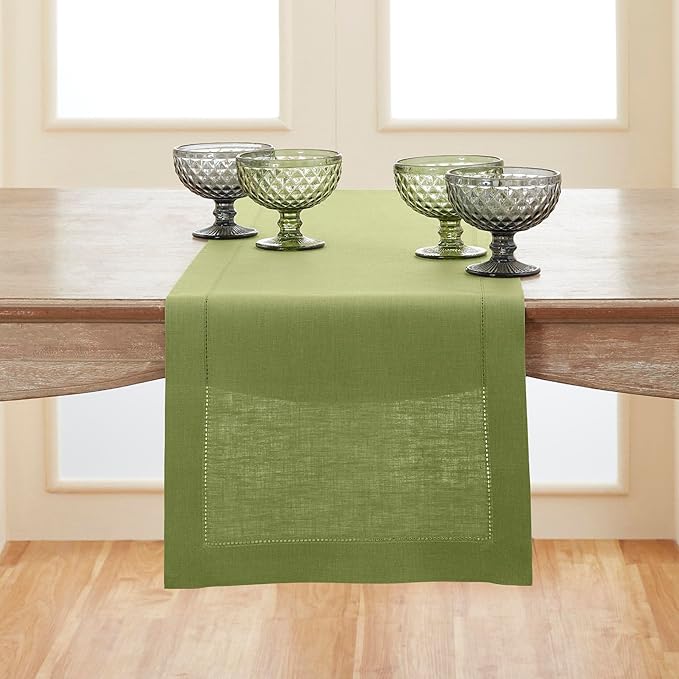 Solino Home Linen Moss Green Hemstitch Table Runner 60 Inches - 100% Pure Lin...