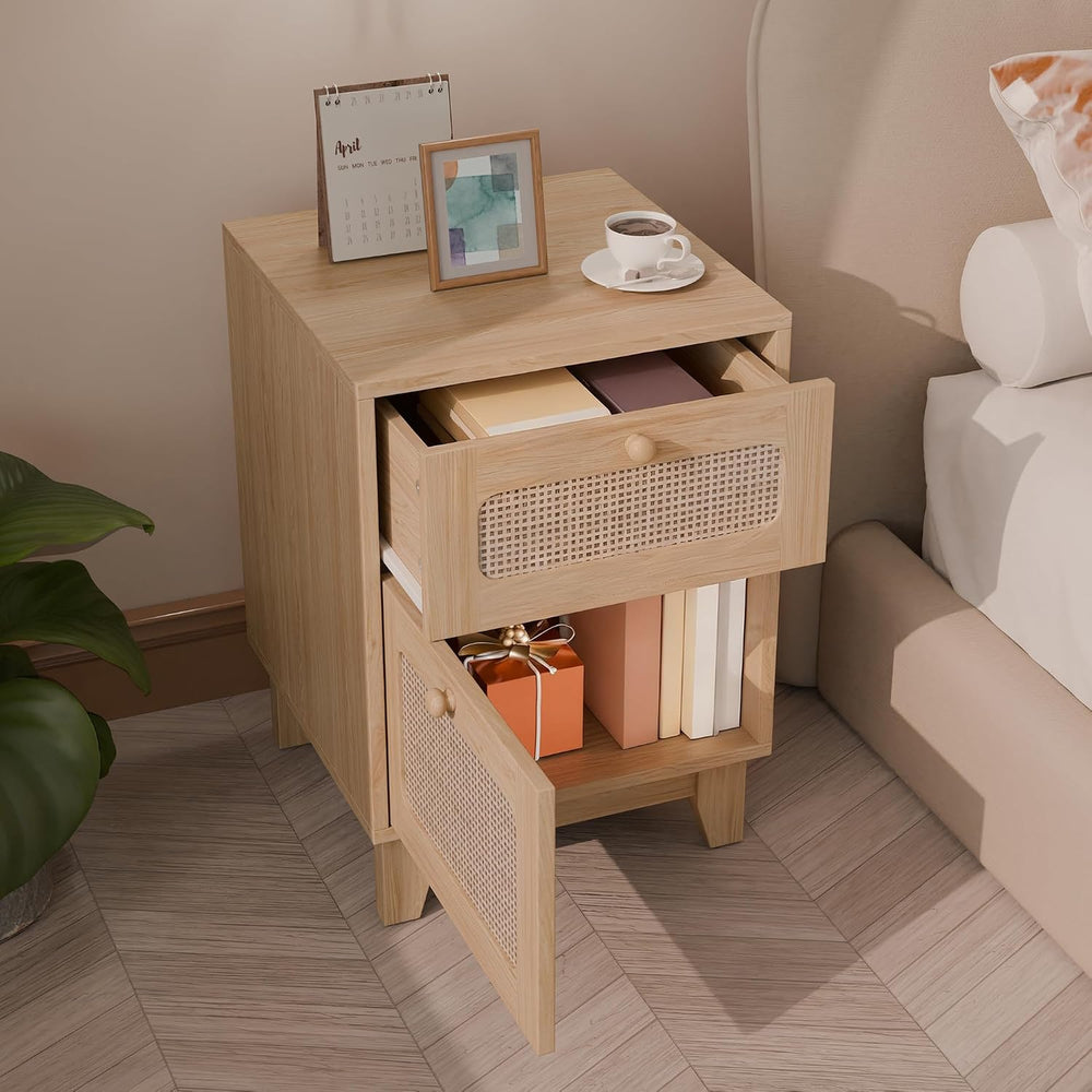 Rattan Nightstand, Boho Side Table with Drawer, Cane Accent Bedside End Table...