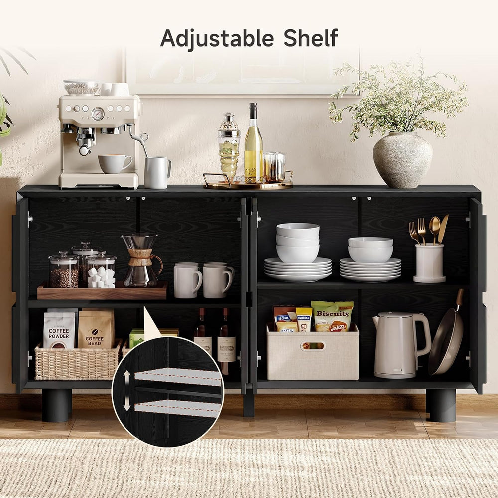 ONBRILL 63 Inch Fluted Buffet Cabinet w/Storage, Push-Spring Doors, Black