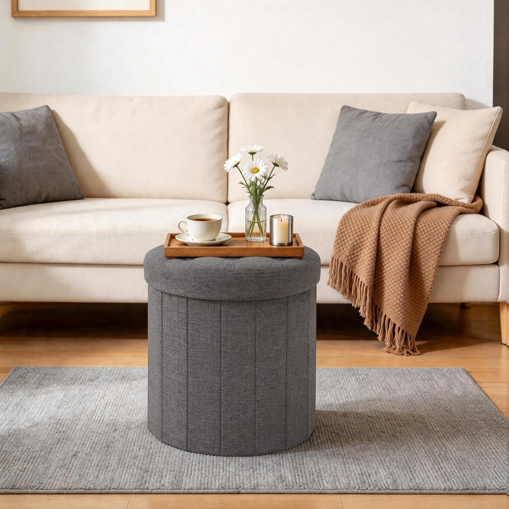 CAROLMADE Round Storage Ottoman, Linen Vanity Stool