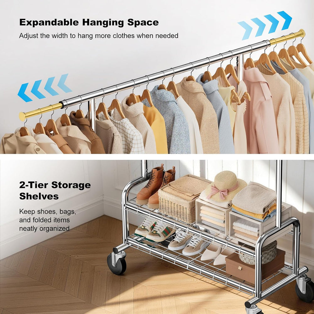 Clothes Rack Heavy Duty, 550 LBS Rolling Clothing Rack with Wheels, Silver
