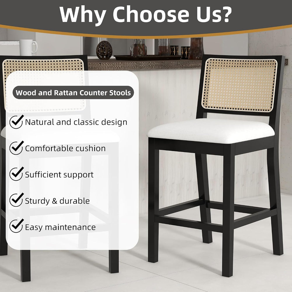Rattan Bar Stools Set of 4, 26" Counter Height, Durable Black Wood Frame
