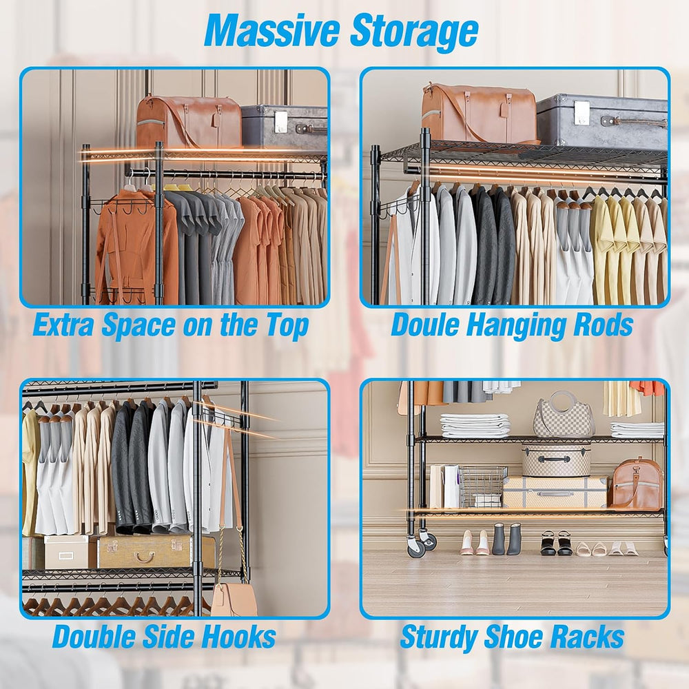 Homdox 3 Tier Heavy Duty Garment Rack with Wheels, Adjustable Wire Clothes Ra...
