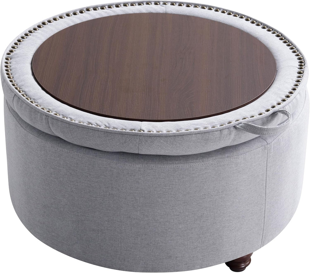 30" Round Storage Ottoman Coffee Table, Tufted Lid & Wood Top, Gray