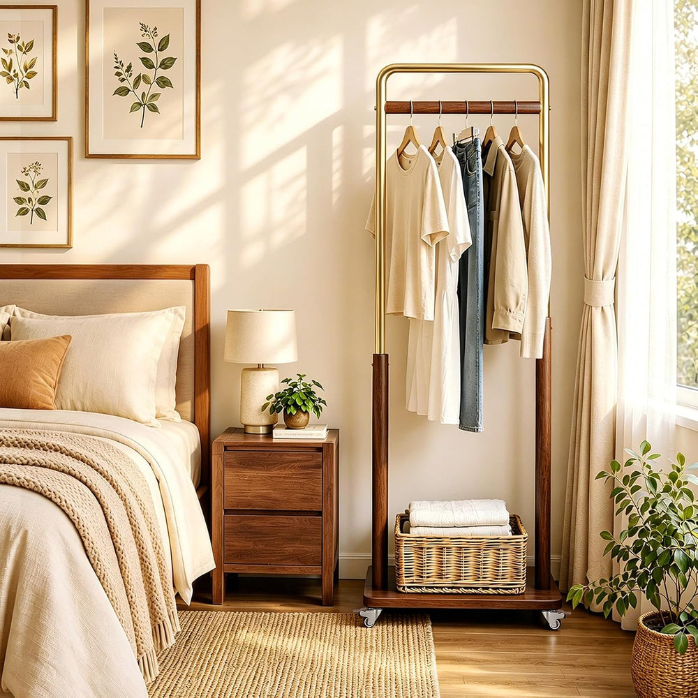 Taitiy Solid Wood Clothes Rack on Wheels for Bedroom, Living Room