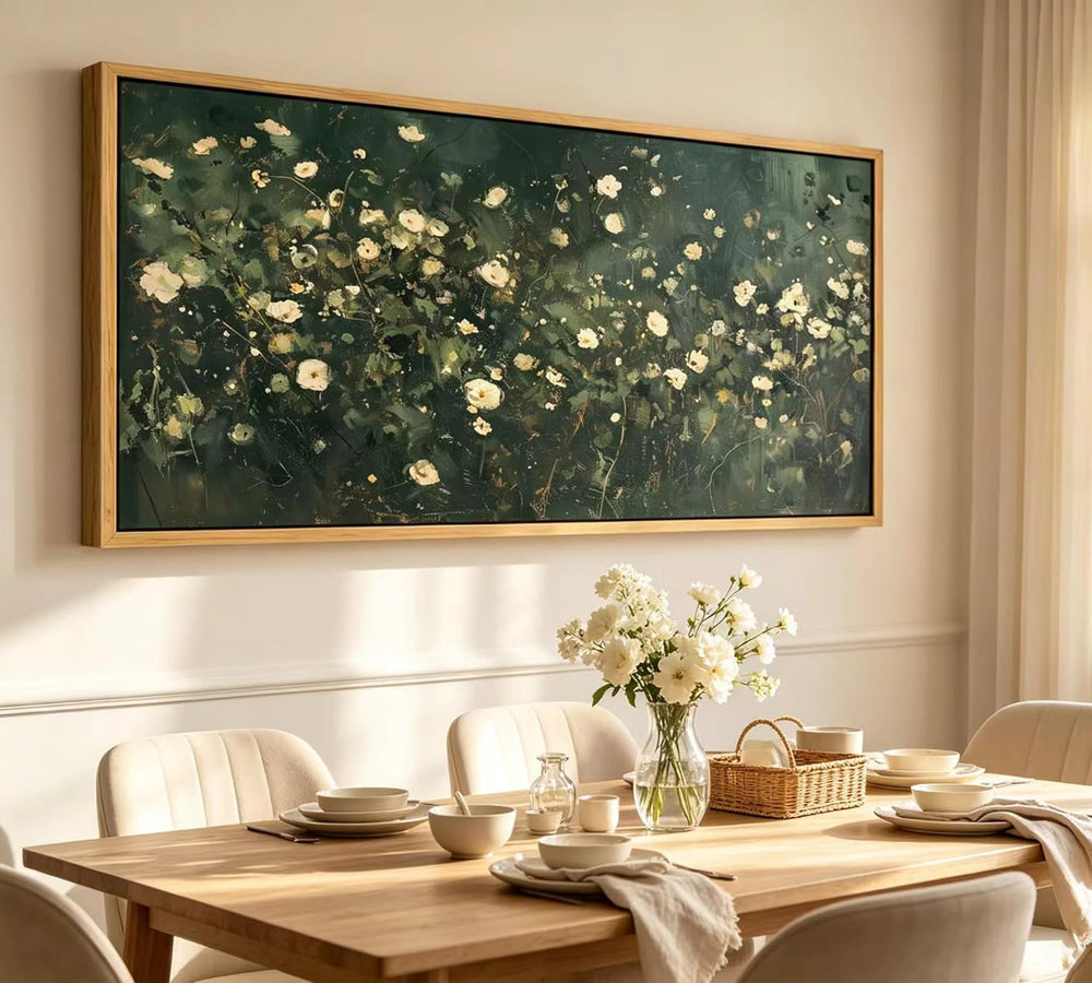 KIRFOLUC Large Abstract Floral Wall Art Dark Green White Botanical Wildflower...