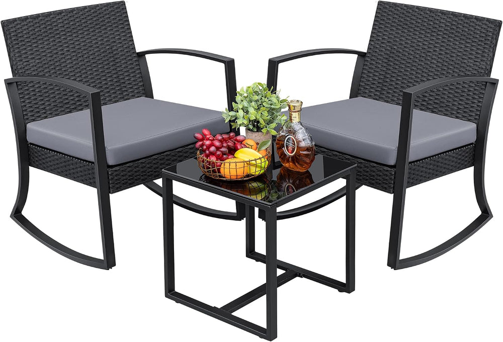 Greesum 3 Pieces Outdoor Furniture Set Patio Bistro Rocking Chairs with Glass...