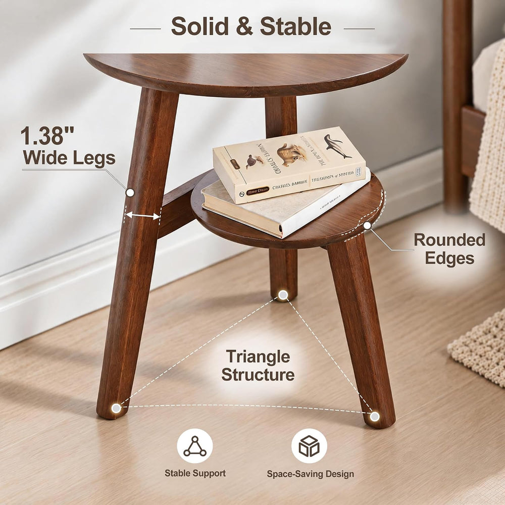 Small Round Side Table, 16.5" 2-Tier Solid Wood End Table, Walnut