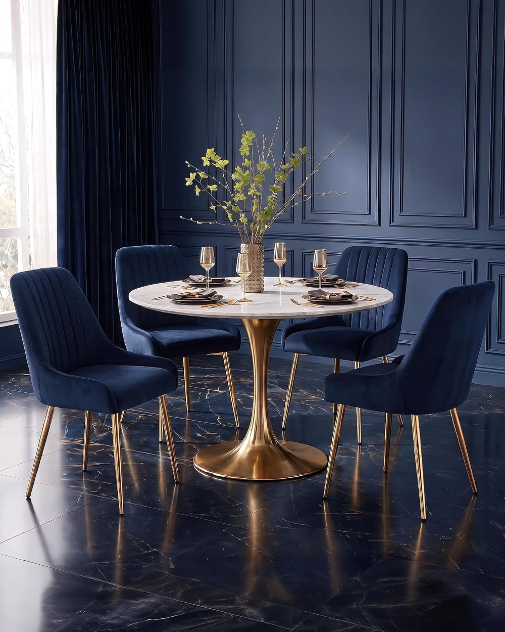 Blue Velvet Dining Chairs Set of 2, Modern Kitchen and Vanity Chairs