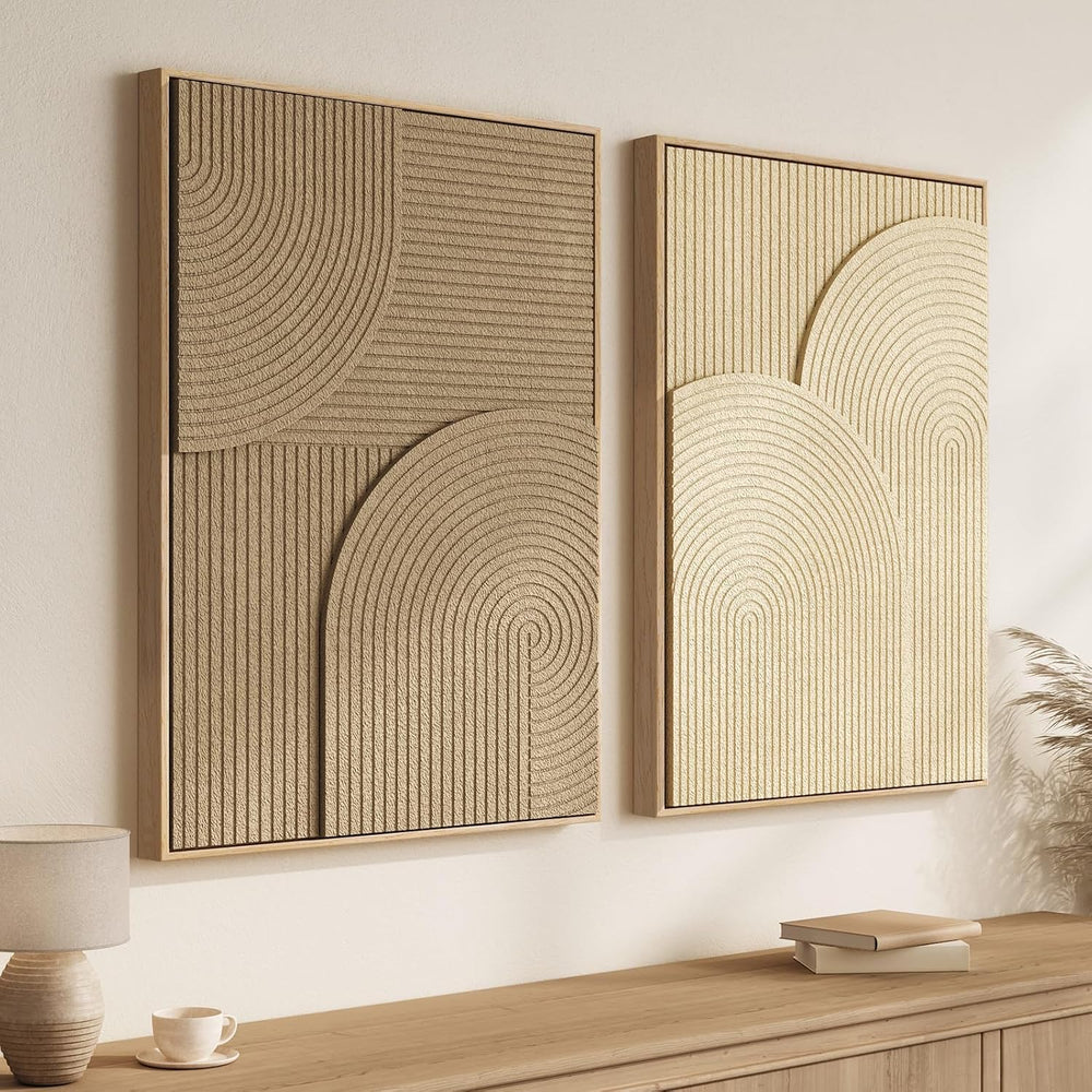 Large 3D Textured Framed Neutral Abstract Wall Art Set, 2 Piece 24x36 In