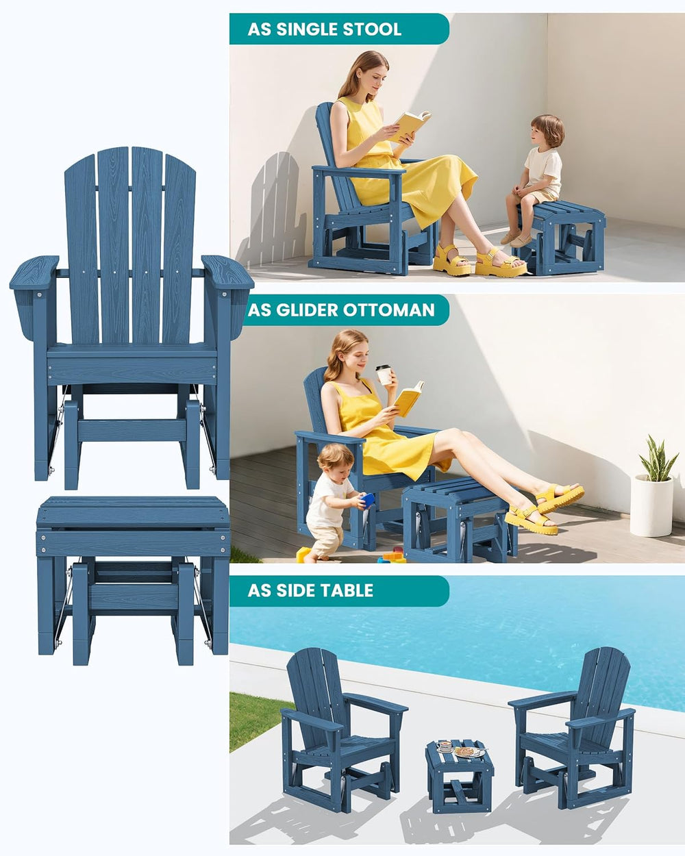 SERWALL HDPE Outdoor Glider with Ottoman Set of 2, All-Weather Patio Glider