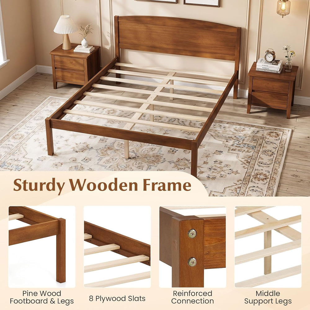GIANTEX Full Size Wooden Bed Frame with Curved Headboard, Wood Slat Support