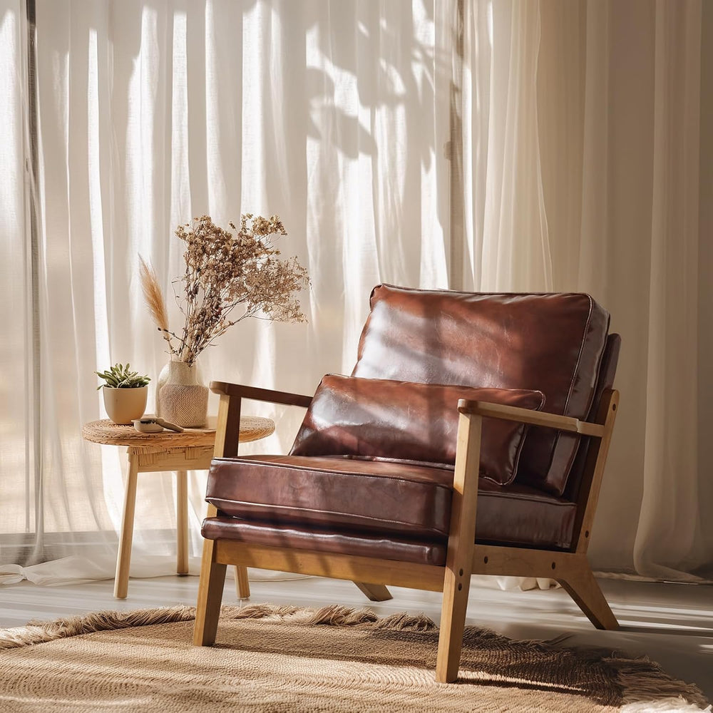 VINGLI Solid Wood Wide Armrests Accent Chair,Upholstered Mid Century Modern C...