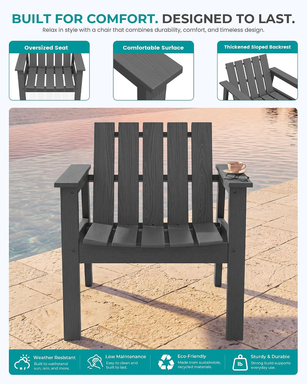 SERWALL Low Back Bistro Set-utdoor Adirondack Chairs and Side Table-Gray