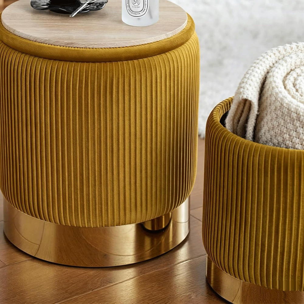 Round Ottoman with Storage, Yellow Velvet, Set of 2