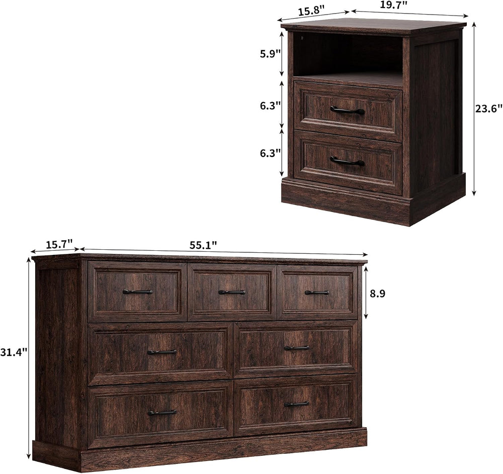 Tradare 3 Pcs Farmhouse Dresser and Nightstand Sets for Bedroom, 7 Drawer Dre...