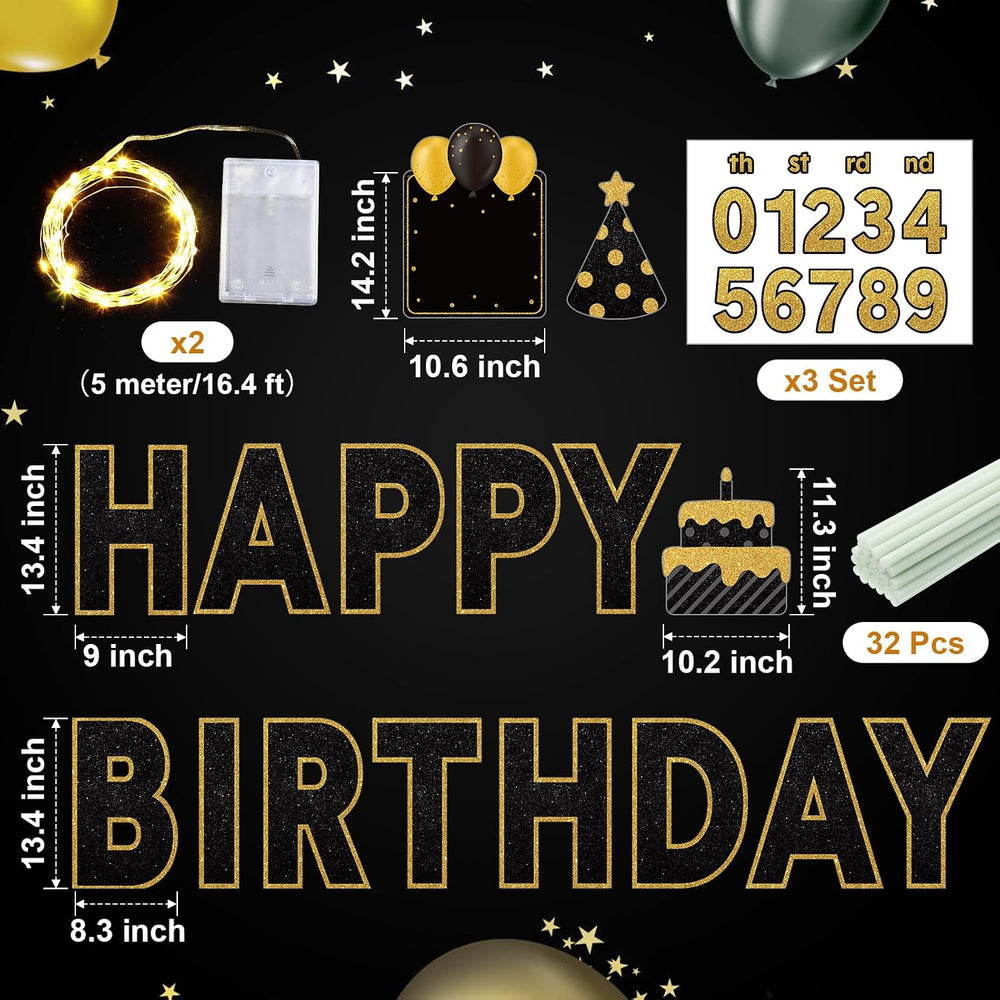 Yerliker 16 Pcs Black Happy Birthday Yard Signs with Stakes, 32.8 ft LED Ligh...