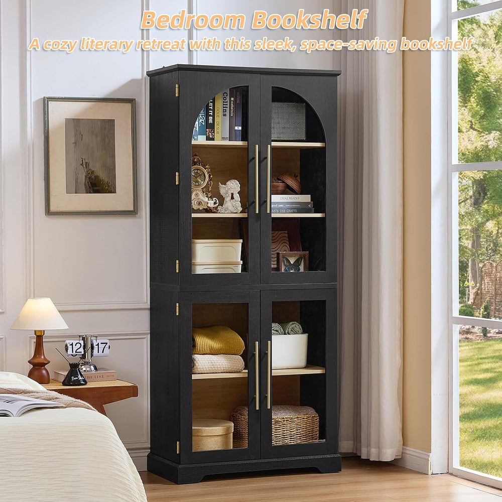 Joaxswe 68" Tall Bookshelf with 4 Glass Doors, Farmhouse 5 Tire Bookcase