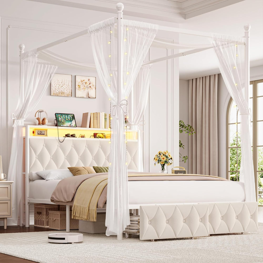 HIFIT Full Size LED Canopy Bed Frame with Storage & Charging Station, Beige