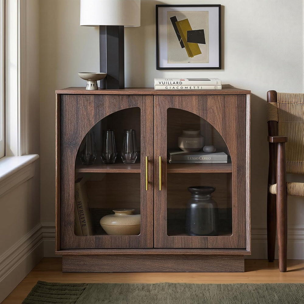 FORTUNETEC 31.5" Sideboard Buffet Cabinet with Arched Glass Doors