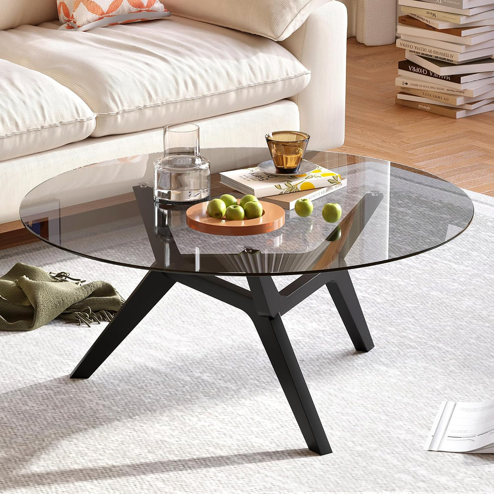 Vlsrka Round Glass Coffee Table, Soild Wood Base, 31.5" W, Black