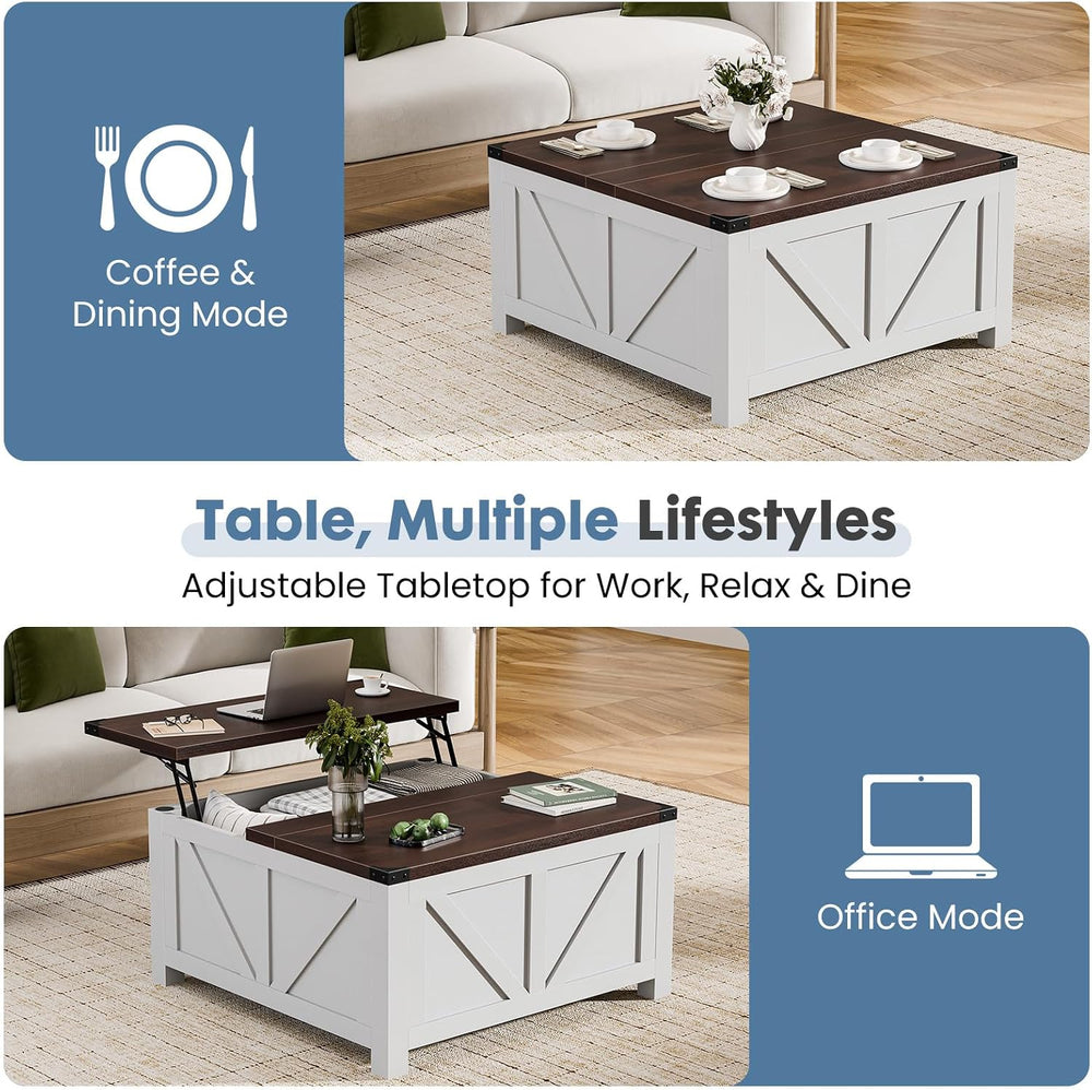 DUMOS Farmhouse Lift Top Coffee Table with Charging Station and Storage