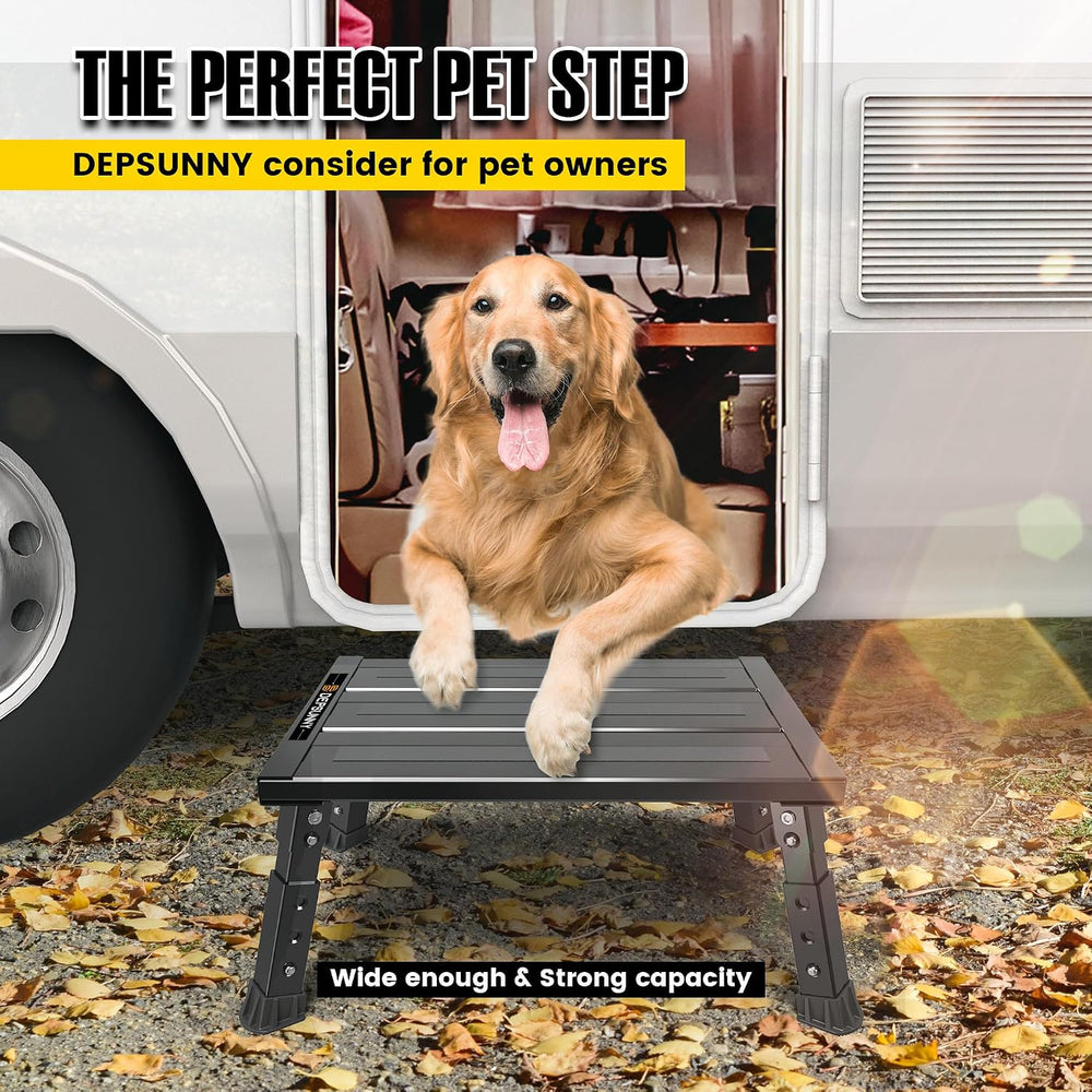 Adjustable RV Step Stool, Wide Platform, Foldable Legs, Black
