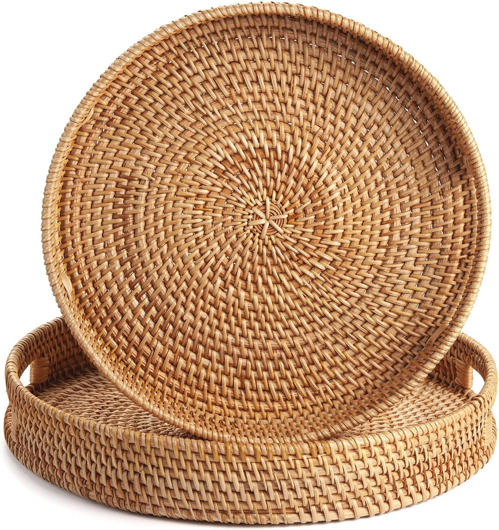 Coffee Table Tray Round Rattan Ottoman Tray Woven Serving Trays with Handles ...