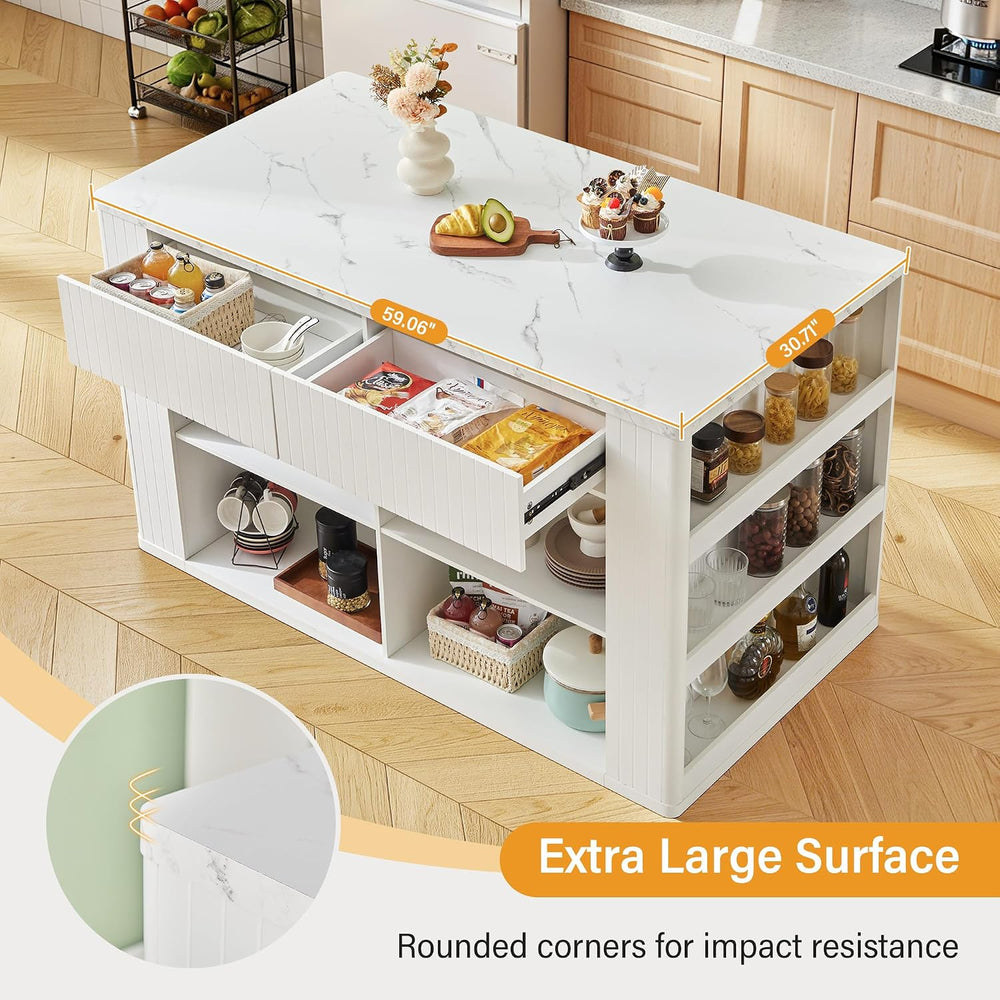 59" Kitchen Island with Storage & Seating for 2, Modern Stationary K...