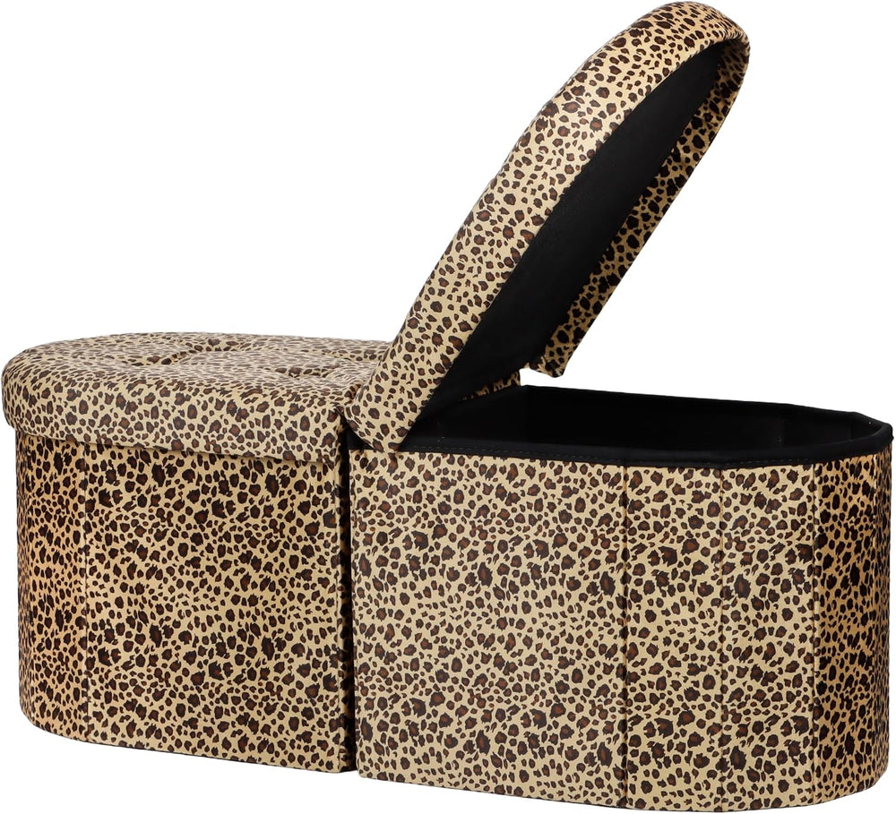 AmasSmile Oval Ottoman Storage Bench,34" Leather Folding Chest,Leopard
