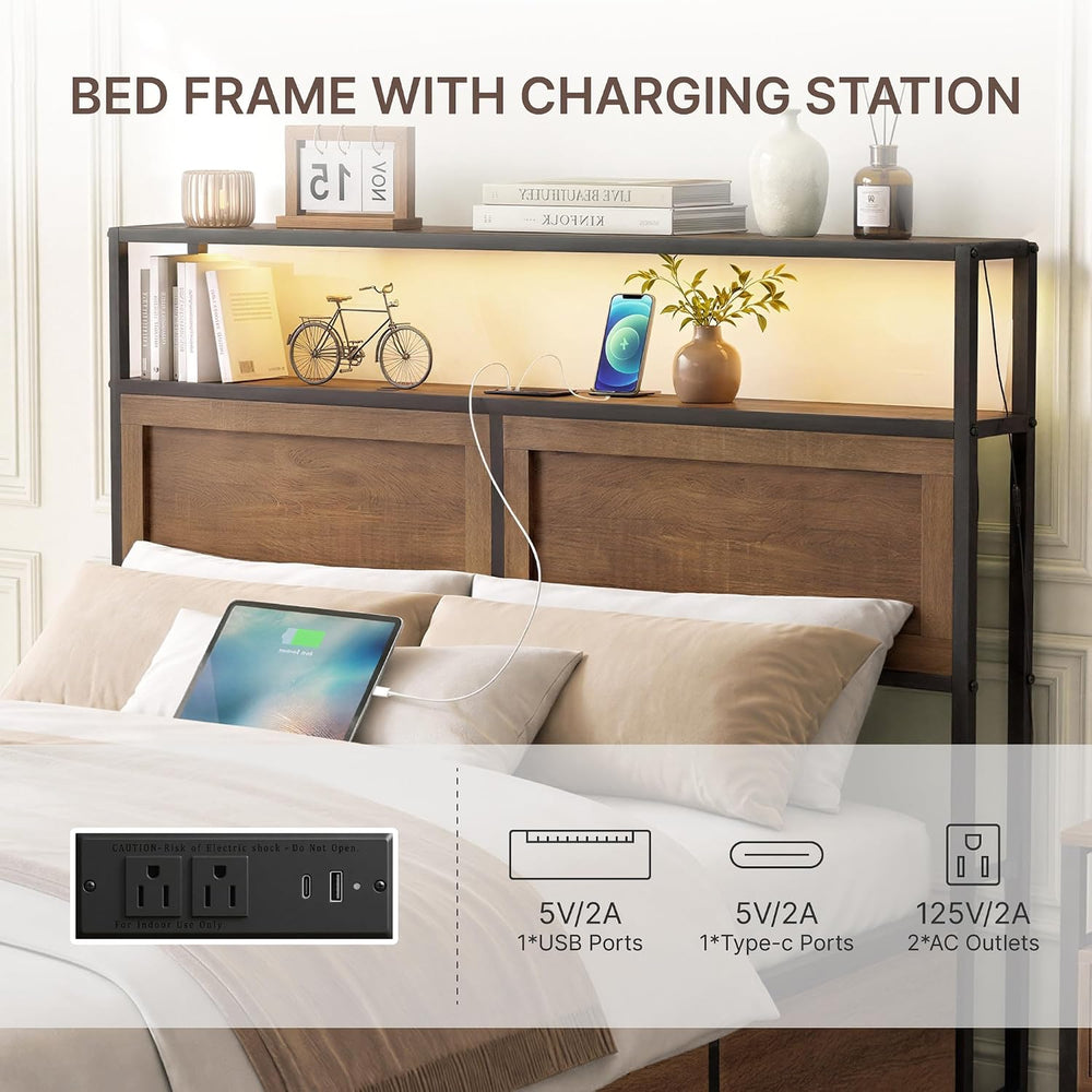 KISLOT 3PCS Bedroom Set with Storage, Industrial Bed Frame, Walnut, Queen