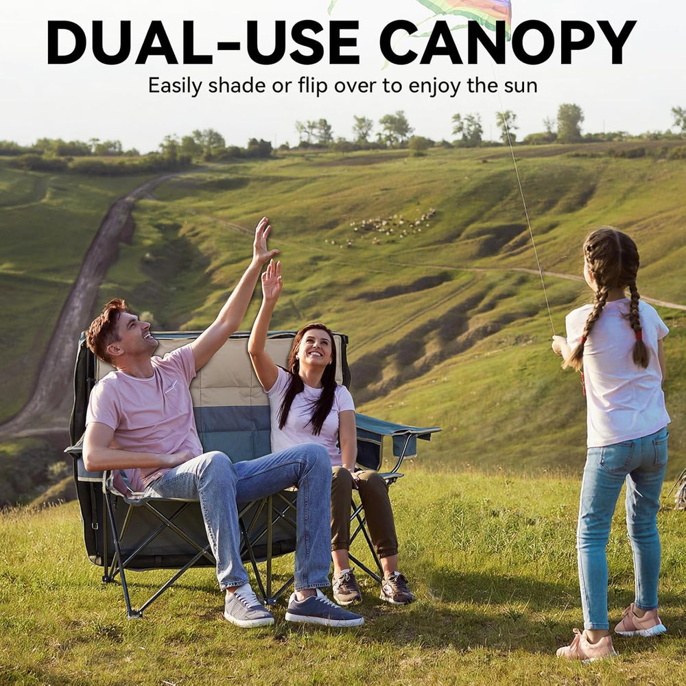 Padded Double Camping Chair With Canopy,Folding Chair Support 450LBS, Blue