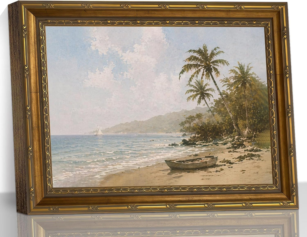 Vintage Tropical Beach Palm Tree Landscape Art, Gold Framed Canvas Print