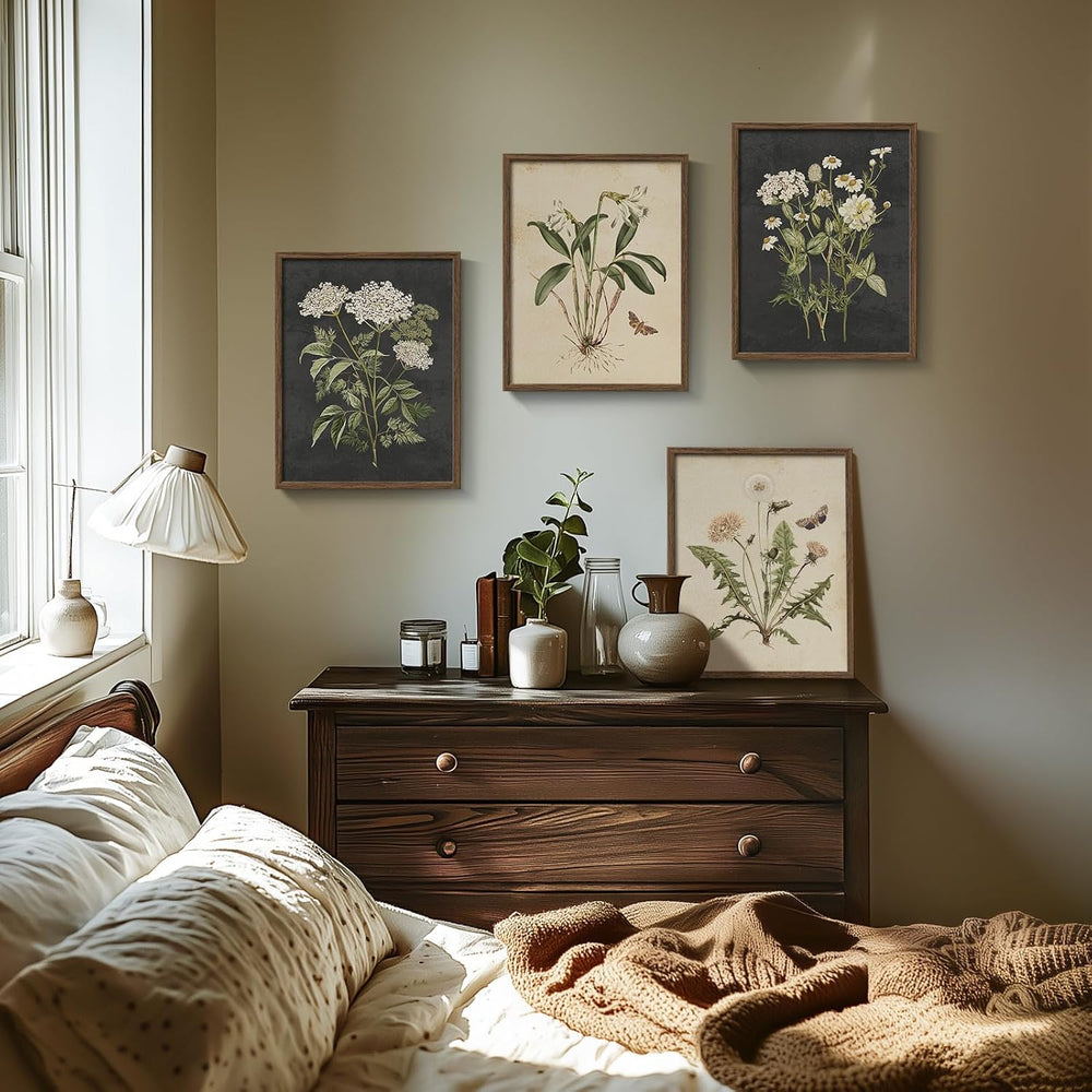 Framed Vintage Botanical Floral Wall Art for Bedroom, 4 Piece 11x14 In