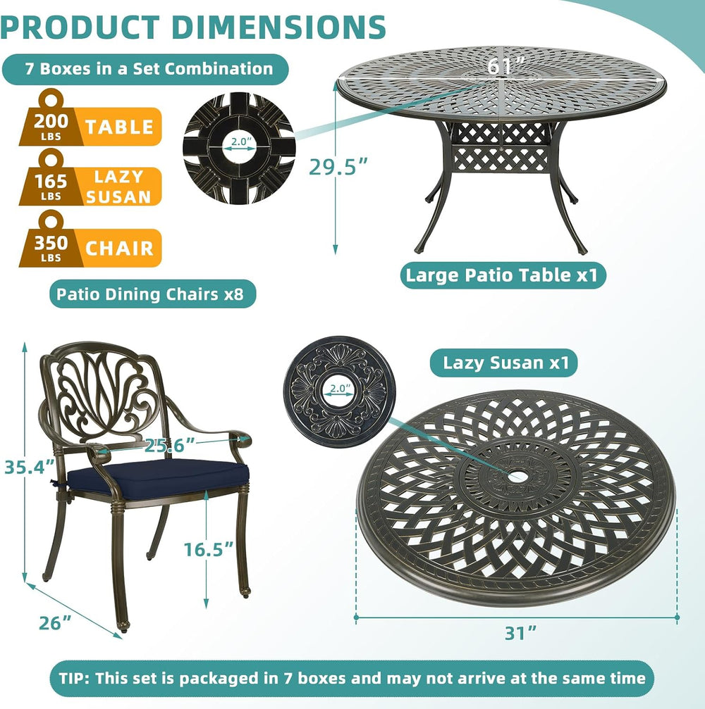 MEETWARM 9-Piece Outdoor Patio Table and Chairs Set, All Weather Cast Aluminu...