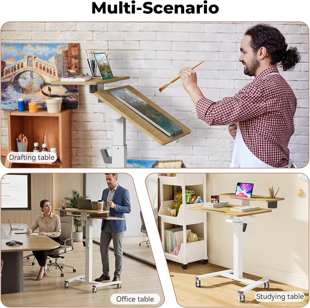 28" Mobile Standing Desk, Tiltable Top with 2-Tier Shelves, Maple