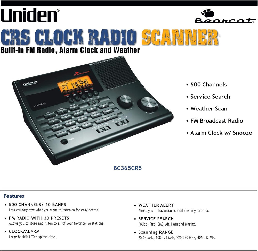 Uniden BC365CRS 500 Channel Scanner and Alarm Clock, Snooze, FM Radio, Weathe...