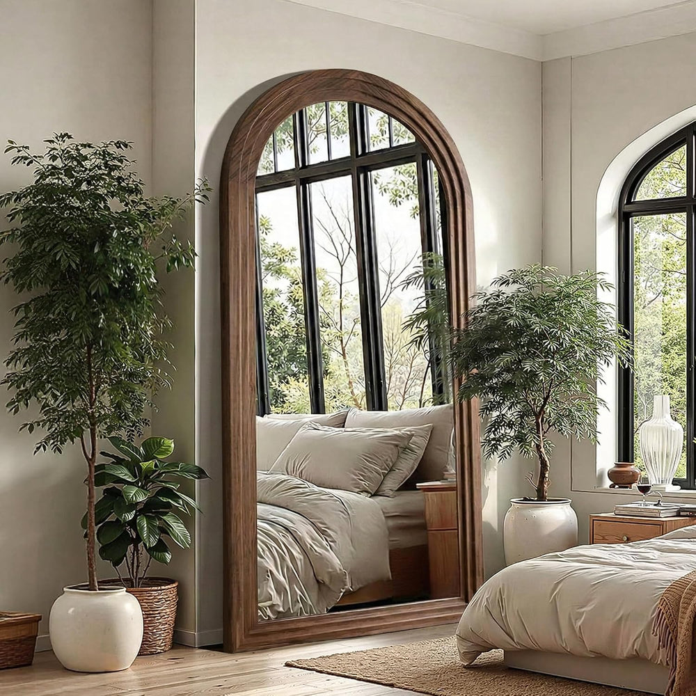 Delma Arched Full Length Mirror with Stand, 75x35 Brown Wood Floor Mirror