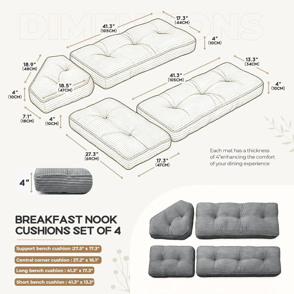 Breakfast Nook Cushion Set, 4 Pcs Comfortable Corduroy Nooks Bench Cushions, ...