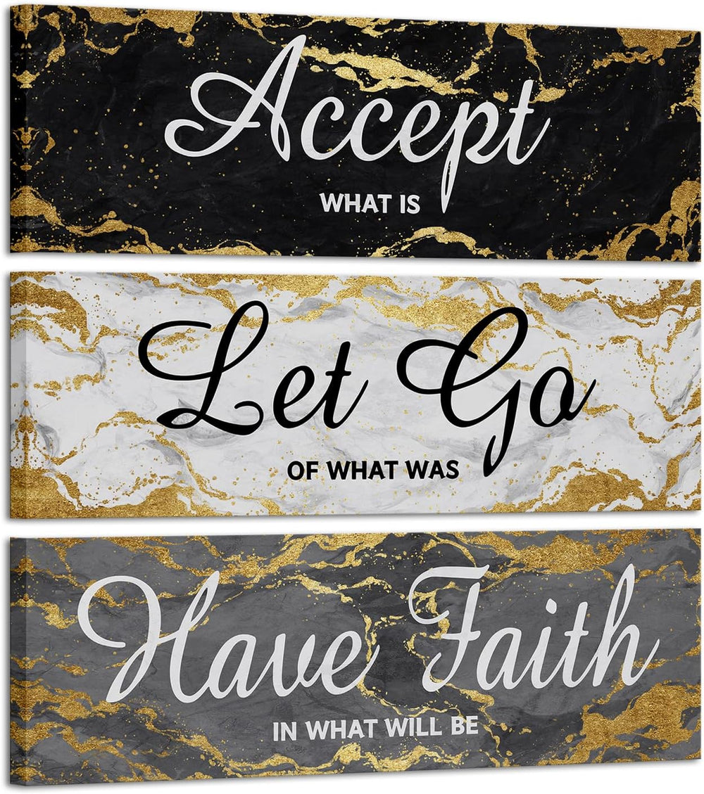 iKNOW FOTO 3 Pieces Black Grey and Gold Wall Art Accept Let Go Have Faith Bed...