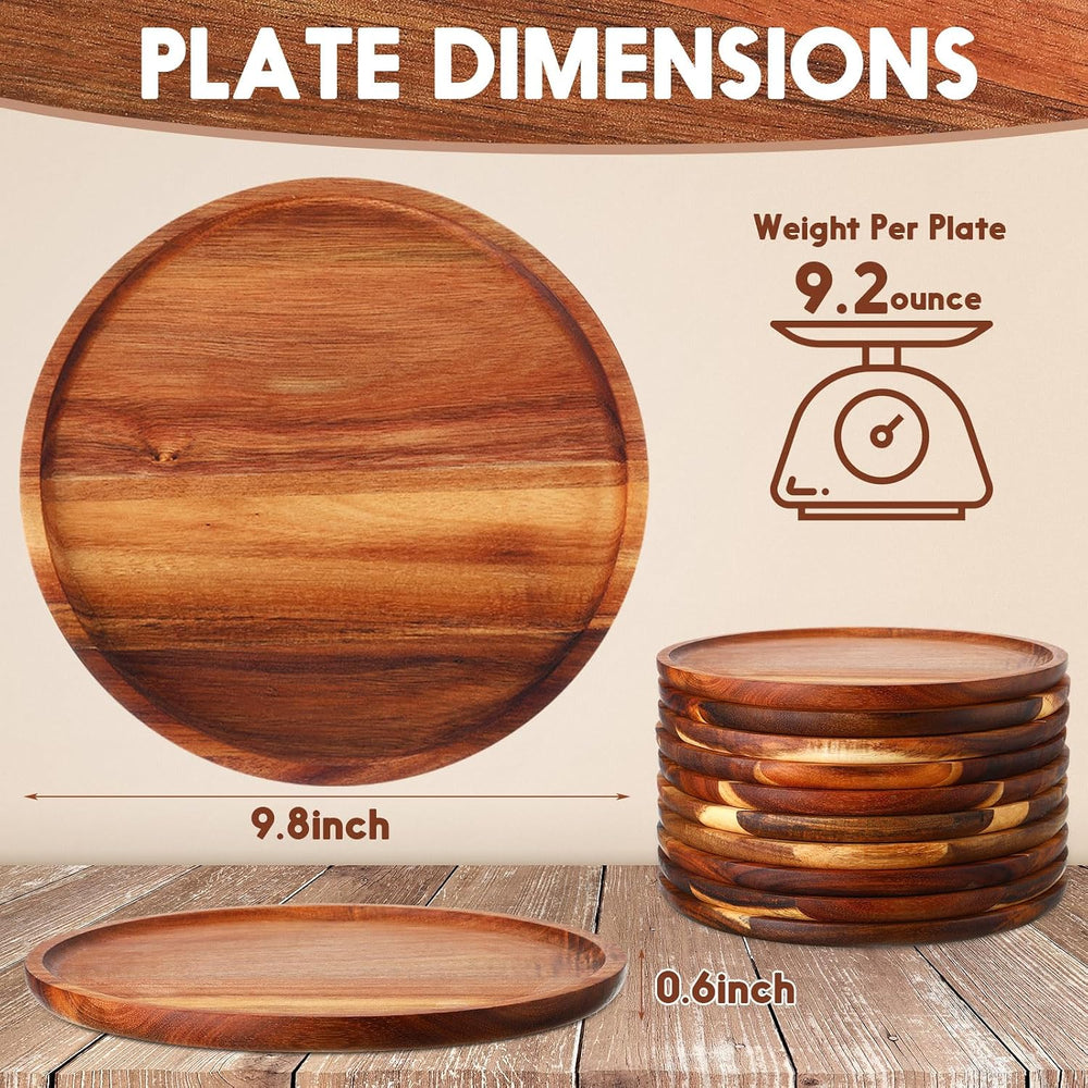 Rtteri Acacia Wood Dinner Plates, D 9.8'', Thk 0.6in, 12 Pcs