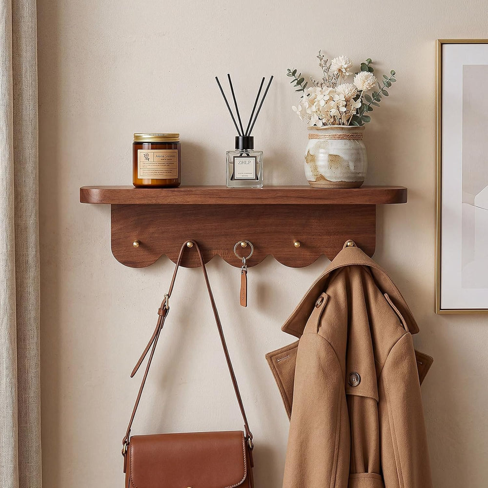 Lewtemi Wall Mount Coat Rack with Shelf 16.5" Scalloped Walnut with 5 Hooks