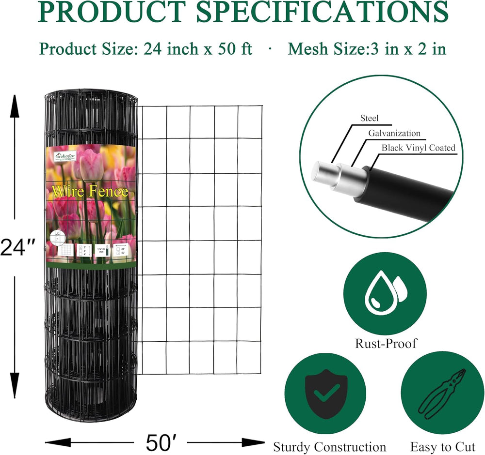 Black PVC Coated Welded Wire Fence 24" x 50' Roll, 2"x3" M...