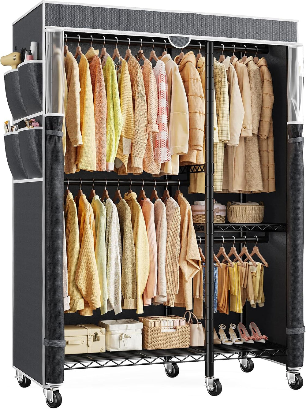 Raybee Clothes Rack with Cover, Rolling Portable Closet, 4 Hanging Zones