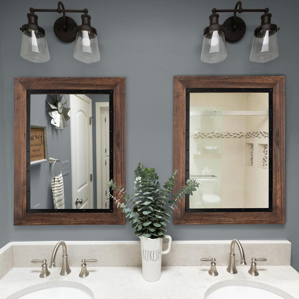 YOSHOOT Rustic Wooden Framed Wall Mirror, 40"x30", Natural Wood and...