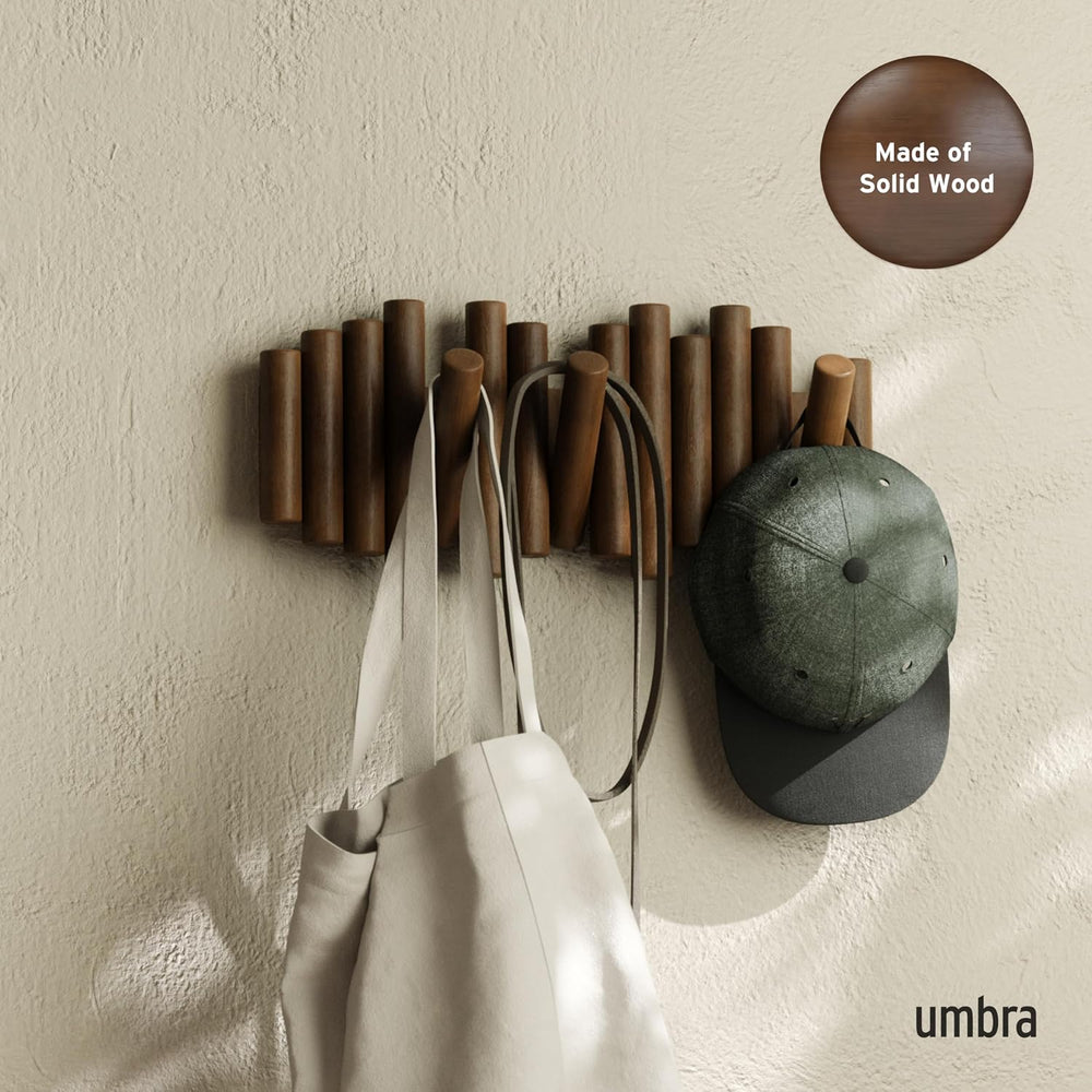Umbra Picket Coat Rack, Wall Mount 5 Flip-Down Coat Hooks, Walnut